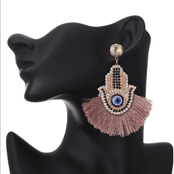 NEW! Boho Fringe Tassel Evil Eye Hamsa Hand Crystal Drop Earrings - Picture 2 of 9